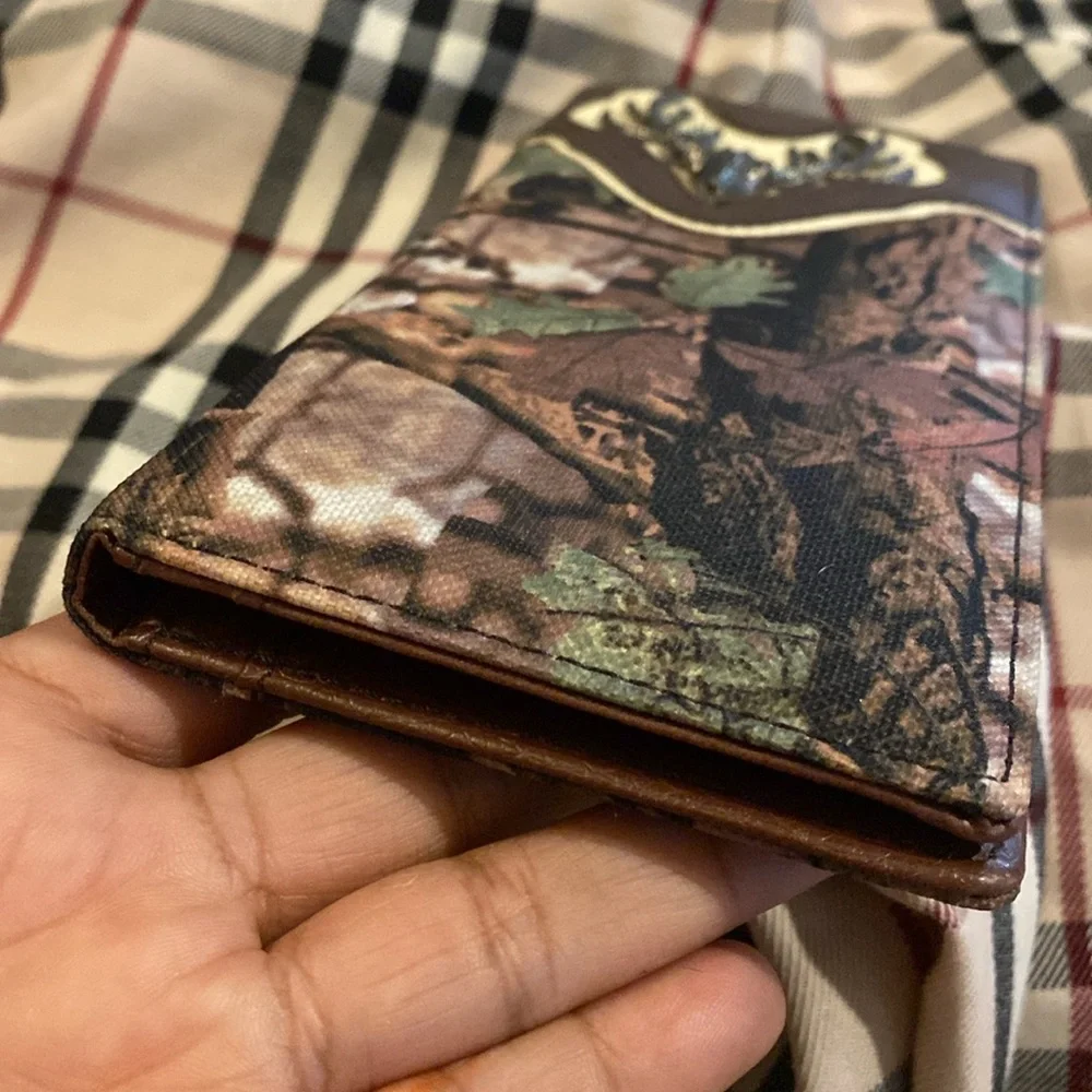 Mens Camo Hunting Design Long Wallet Billetera Brown Faux Leather